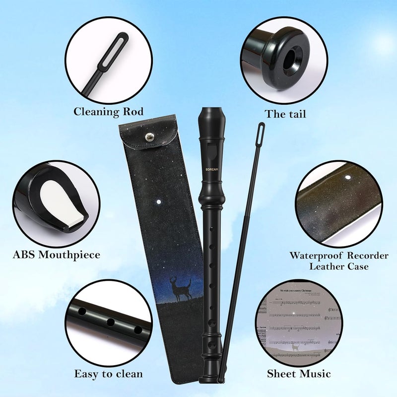 SDREAM Soprano Recorder Instrument for Kids Beginners&Student,8 Hole German Fingering Recorder Flute with Cleaning Rod & Leather Bag (Black) - Image 2
